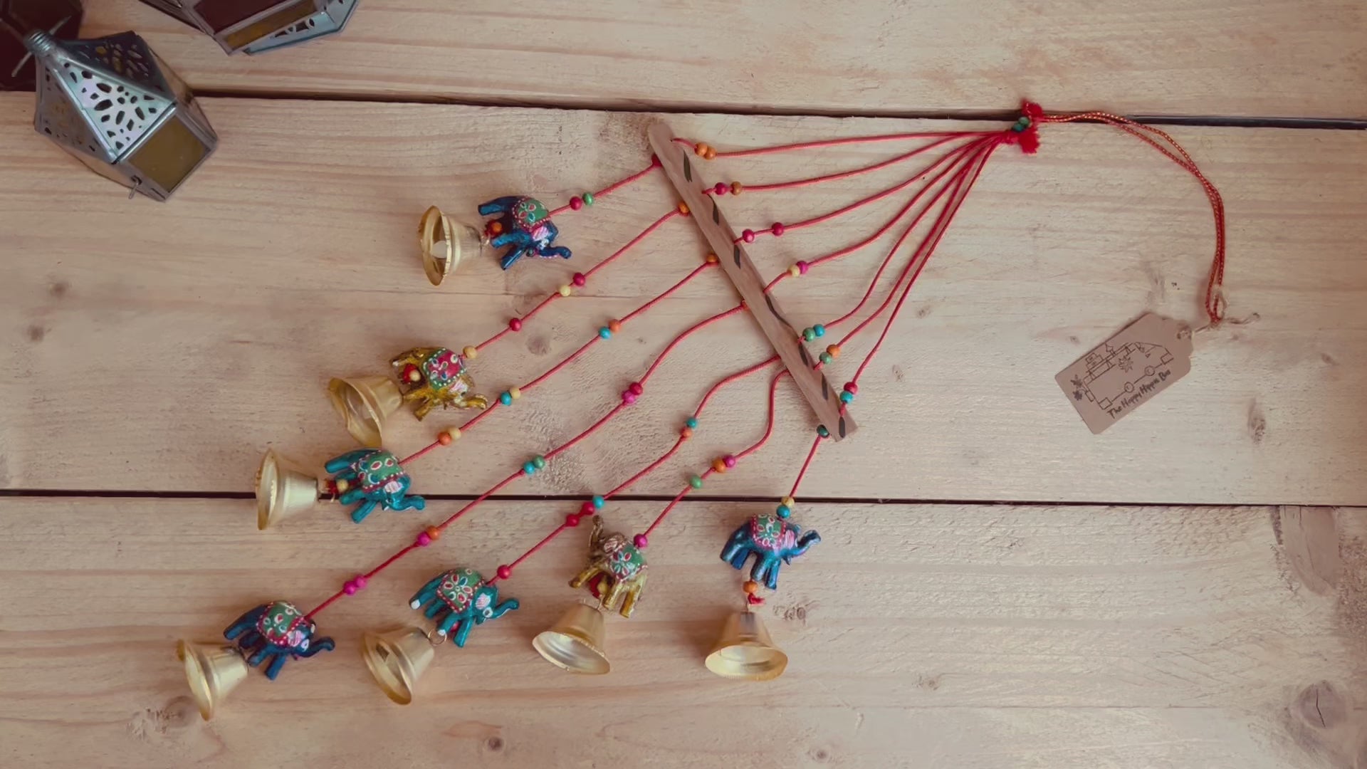 Handmade fair trade ethically sourced Indian elephant wind chime hanging mobile bells multicoloured bell decoration boho hippie home decor 