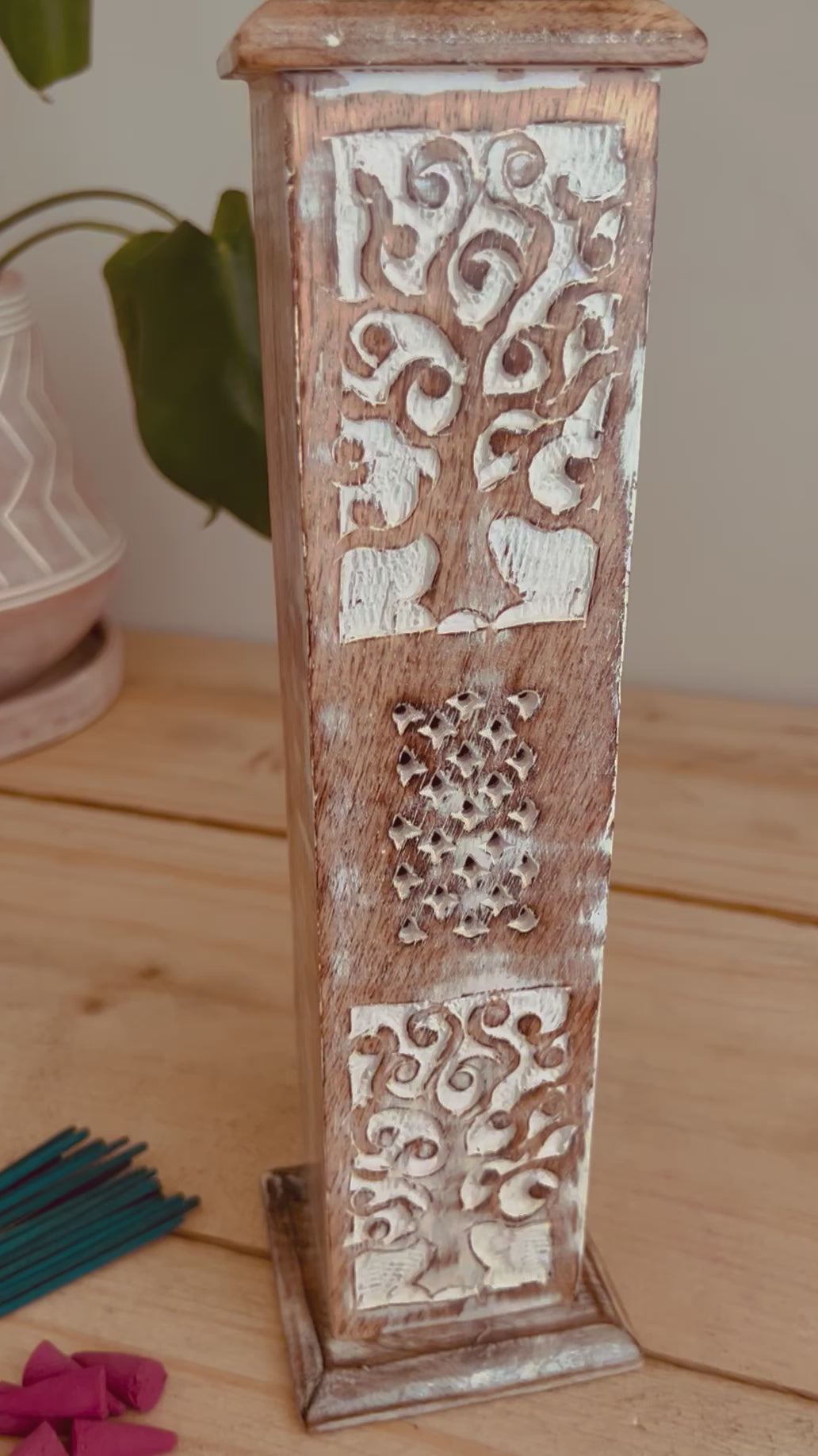 Handmade Fair Trade Mango Wood Incense Holder Burner Ash Catcher Incense Sticks & Cones Tree Of Life Design 