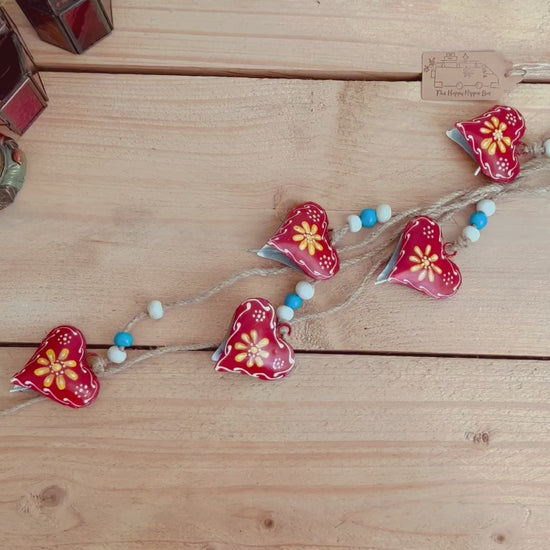 Hand painted red & yellow heart shaped metal bells wind chime on jute twine with glass beads, hanging home living decor bells chime, handmade, fair trade, ethically sourced string of Indian bells