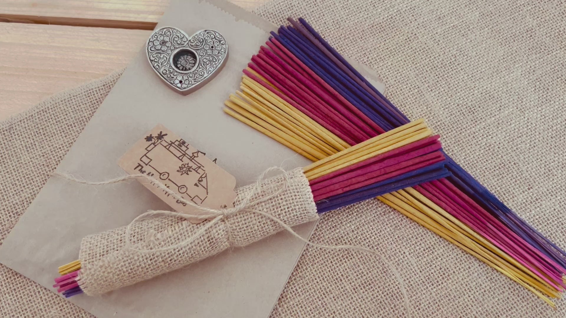30 Vibrantly colourful summer mix incense sticks, handmade plastic free eco friendly environmentally conscious sustainable incense sticks for home in the summer time, yellow, Purple, pink incense sticks wrapped in hessian burlap wrap, fair trade and ethically sourced summer home fragrance incense