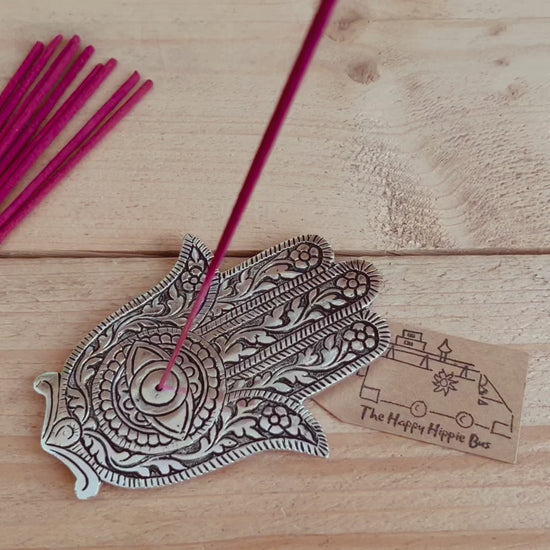 Hamsa hand incense joss stick incense stick burner holder silver metal hand of Fatima handmade fair trade incense 