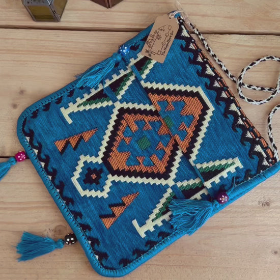 Handmade Fair Trade Turkish Kilim Shoulder Bag IN Sky Blue With a Black & White String Strap Flap Pocket Wooden Beads and Tassels Sky Blue