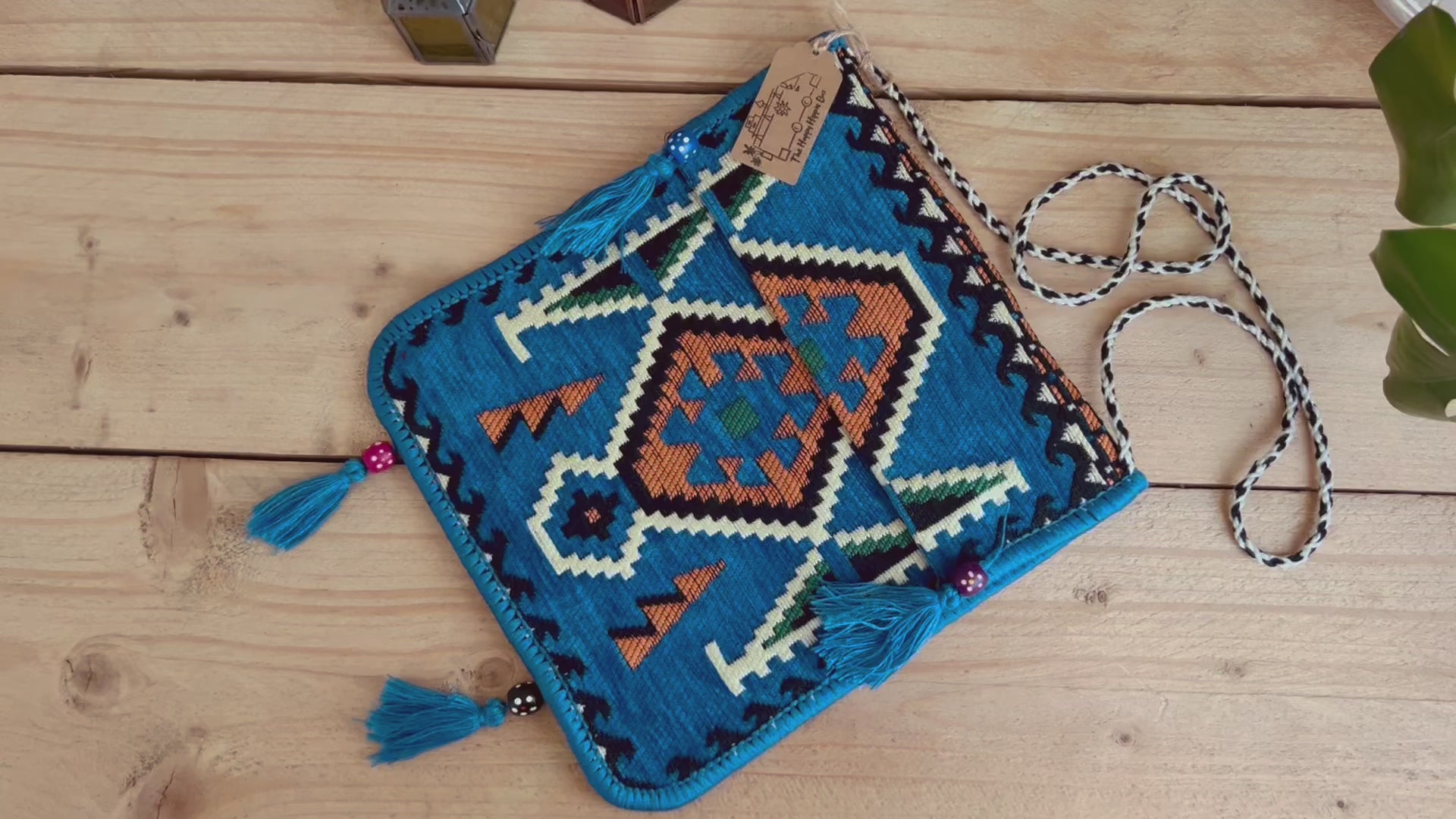 Handmade Fair Trade Turkish Kilim Shoulder Bag IN Sky Blue With a Black & White String Strap Flap Pocket Wooden Beads and Tassels Sky Blue