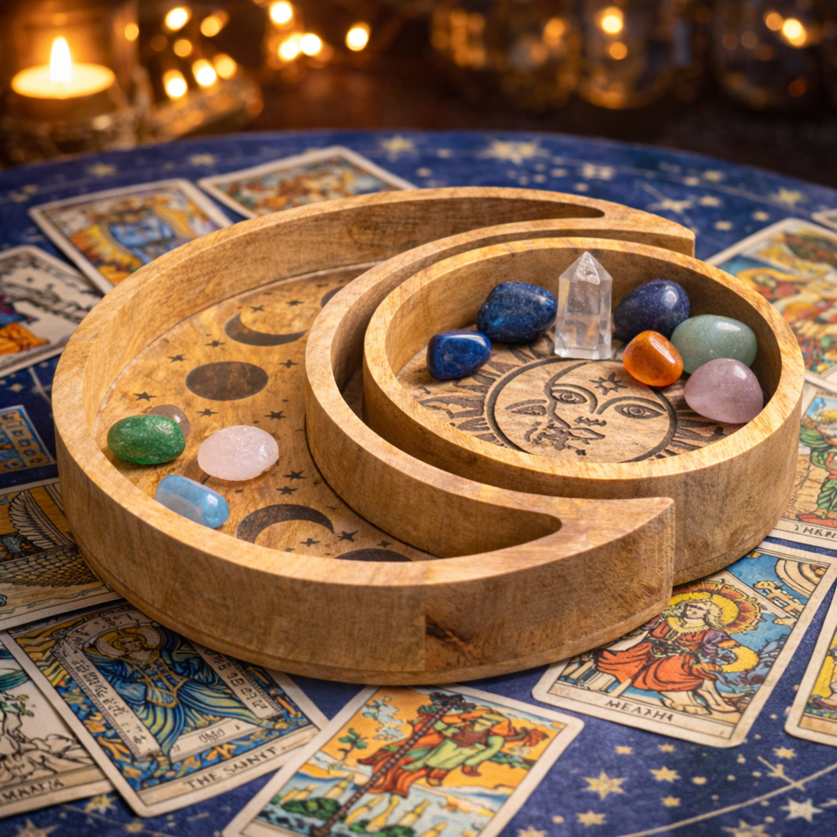 Crescent Moon & Sun Wooden Trinket Tray
